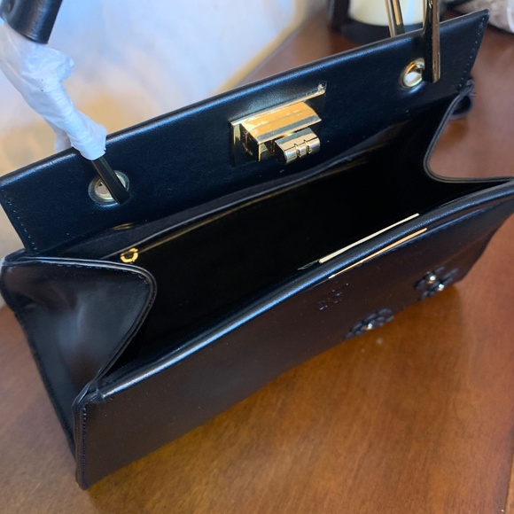 NY&C Black Handbag With Gold-Toned Hardware and Flowers Accent - Picture 7 of 12